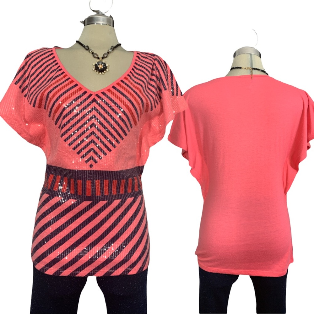 BEBE Blue and Pink Sequin Butterfly Blouse Size S